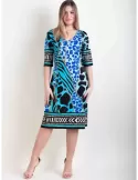 Piero Moretti turquoise and black spotted pull-on sheath dress