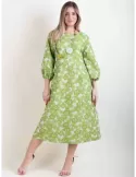 Pistachio green flowers brocade midi dress balloon sleeves | Women cocktail dresses