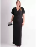 Black draped silk evening long dress short sleeves Casting