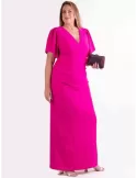 Fuchsia draped silk evening long dress short sleeves Casting