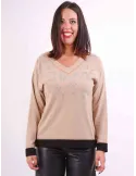 Beige wool sweater with rhinestones animal spotted design