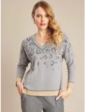 Grey wool sweater with rhinestones animal spotted design