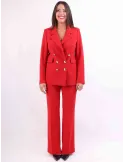 Red wool and silk formal jacket and flared trousers suit