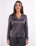 Volpato Italy | Plain grey front silk long sleeved t-shirt plus size