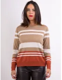 Riva Tricot Italian knitwear | Camel striped merino round neck sweater