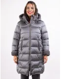 Milestone grey silk hooded padded coat with fur