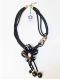 Black velvet and crystal flower handmade long necklace