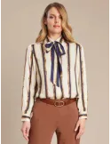 Piero Moretti | Blue camel striped silk shirt with ribbon plus size