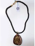 Black crystals and golden spotted plate long necklace