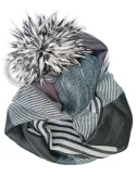 Black and grey striped scarf with white velvet ring and flower