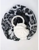 Black and grey spotted scarf with white velvet ring and rose