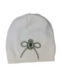 White cashmere beret hat wit green crystals ribbon