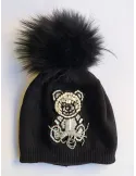 Black cashmere beret hat with crystals bear and fur pompom