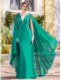 Sonia Pena emerald green formal dress with cape-sleeves