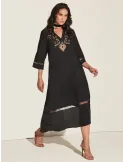 Schwarzes Seidenkaftan-Kleid mit goldenen Strass