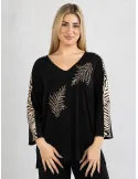 Blusa nera con foglie strass e organza Francesca Mercuriali fino tg 60