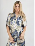 Camicia etnica raso di seta foglie beige e blu Frida Madè taglie comode