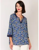 Mercuriali Blue silk caftan shirt nautical print crystal accents