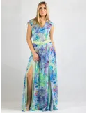 Long cross-over dress with two slits and lilac flower pattern