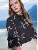 Camicia nera di cotone con ricami beige Zanetti fino alla taglia 52