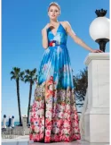 Sonia Pena 1190236 light blue sky and flower printed satin long dress