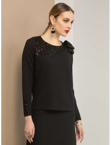 Maglia lana nera elegante con fiocco e paillettes Francesca Mercuriali