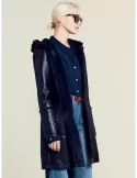 Blue long hooded coat ecological sheepskin