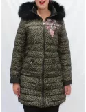 Cappotto donna piuma con cappuccio animalier verde e nero Fuego Woman