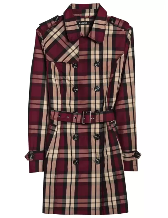 Fuego Woman Bordeaux and beige Tartan trench coat