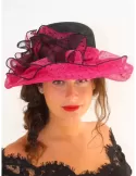 Complit | Cappello grande da cerimonia nero e fucsia con veletta