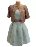 Water green brocade skater dress and gold sequins bolero jacket